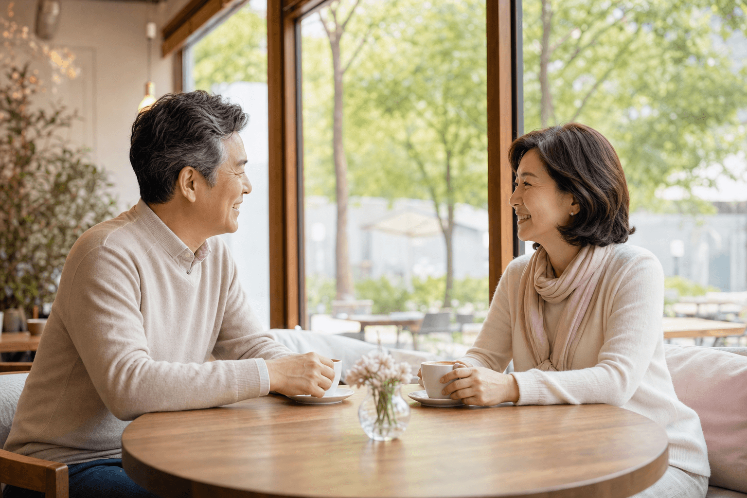 50~60대 한국 중장년 남녀가 카페에서 편안하게 대화를 나누는 장면